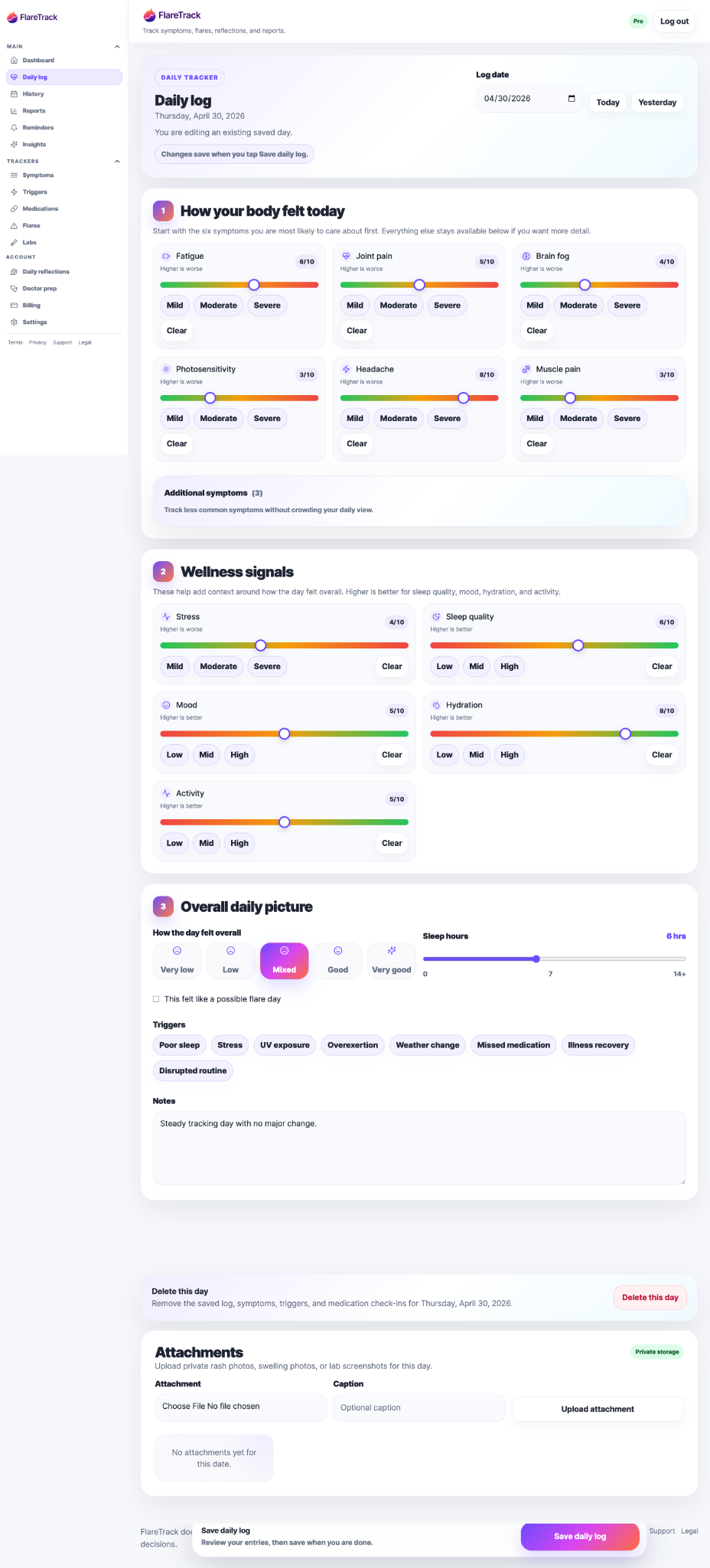 FlareTrack daily log light mode screenshot